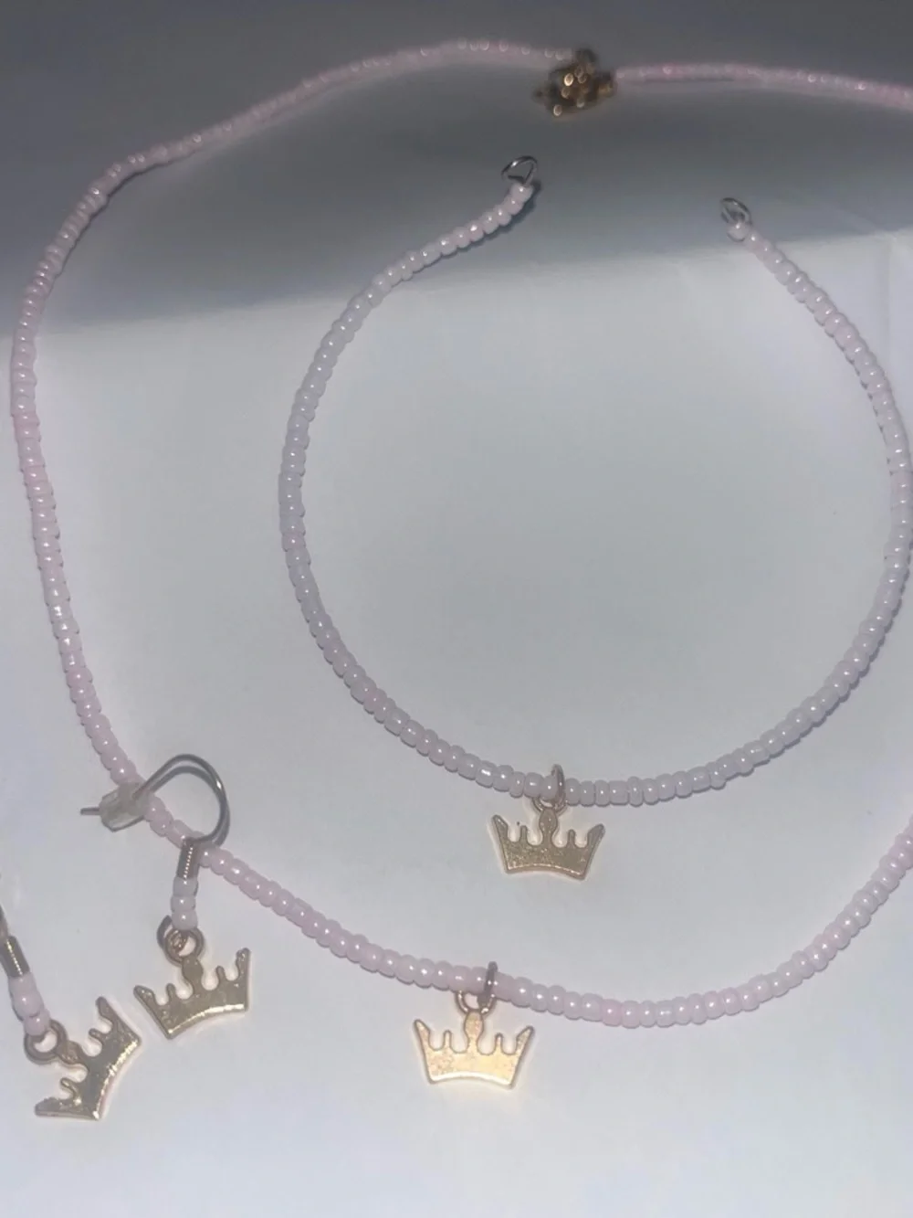 Girls Pink Beaded Necklace & Bracelet Set with Gold Crown Charms